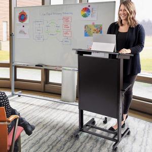 Stand Up Desk Store Mobile Adjustable Height Rolling Lectern Podium with Heavy Duty Steel Frame (Black Frame/Black Shelves, 25.5" Wide)