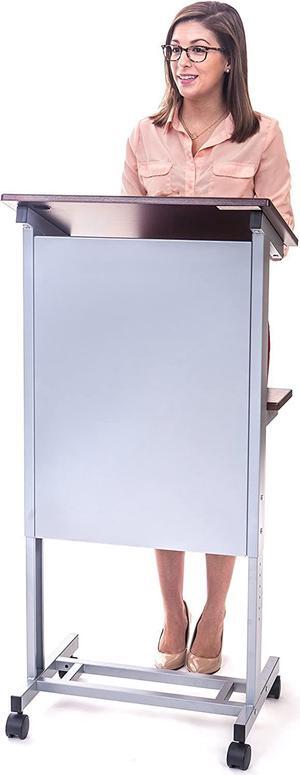 Stand Up Desk Store Mobile Adjustable Height Rolling Lectern Podium with Heavy Duty Steel Frame (Silver Frame/Dark Walnut Shelves, 25.5" Wide)