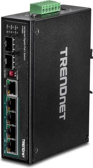 TRENDnet 6-Port Hardened Industrial Gigabit PoE+ DIN-Rail Switch, 4 x Gigabit PoE+ Ports, Shared Gigabit Port (RJ-45/SFP), Dedicated SFP, 120W Power Budget, IP30, Lifetime Protection, Black, TI-PG62