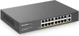 MokerLink 18 Port Gigabit PoE Switch, 16 Gigabit PoE+ Ports, 2 Gigabit Uplink, 250W IEEE802.3af/at, Metal Rackmount Unmanaged Plug and Play Ethernet Switch