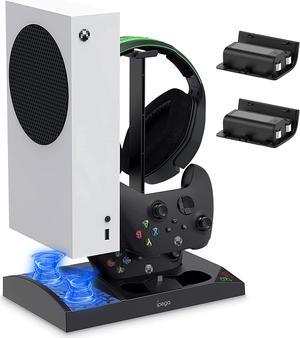 Charger Stand with Cooling Fan for Xbox Series S Console and Controller,Vertical Dual Charging Dock Accessories with 2 x 1400mAh Rechargeable Battery and Cover, Earphone Bracket for XSS