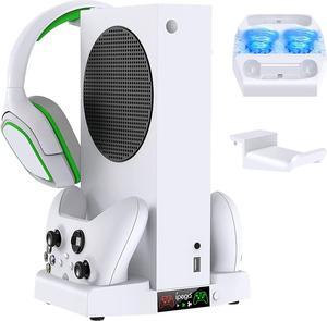 Cooling Stand for Xbox Series S Console, MENEEA Dual Charging Station Dock for Controller with Adjustable 3 Level Wind Cooling Fans and 1x Headphone Stand, Cooling Charger Accessories (White)