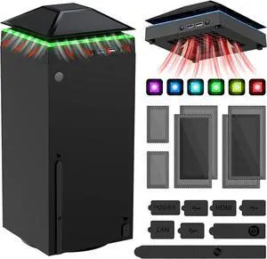 Cooling Fan Dust Proof for Xbox Series X Console with Colorful Light Strip,MENEEA Dust Cover Filter,Rubber Dust Plugs,Low Noise Top Fan with 3 Gears,Cooler&Light Independent Touch Switch, 2 USB Port