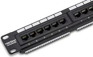 TRENDnet 24-Port Cat5-5e RJ-45 UTP Unshielded Patch Panel, Wallmount or Rackmount, 100Mhz, Color-Coded Labeling, Cat5,Cat5e,Cat4,Cat3 Compatible, 1U Rackmount, Black, TC-P24C5E