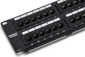 TRENDnet 48-Port Cat5-5e RJ-45 UTP Unshielded Patch Panel, Wallmount or Rackmount, 100Mhz, Cat5e Krone Connectors, Color-Coded Labeling, Cat3,Cat5e,Cat4,Cat3 Compatible, 2U Rackmount, Black, TC-P48C5E