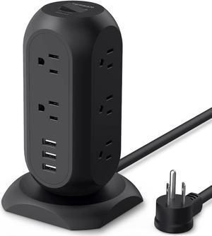 Surge Protector Power Strip Tower with 3 USB Ports 11 Outlets, 1875W/15A, Black Extension Cord 6 Feet, Multiple Outlets Desktop Charging Station, Desk Accessories, Dorm Room Essentials