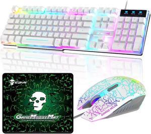 Zhhcyyds Gaming Keyboard and Mouse Combo,RGB Rainbow Backlit Keyboard with PC Wired Keyboard+2400DPI 6 Buttons Rainbow LED Gaming Mouse+Mouse Pads for PC PS4 (White), 20.9 x 6.1 x 2.1
