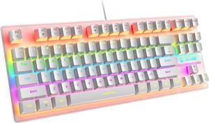 Zhhcyyds K2 Mechanical Gaming Keyboard, Wired Mini 87 Keys Blue Switch Mechanical Compact Keyboard with 8 Rainbow Backlit Mode,12 Multimedia Button, 29 Keys Anti-ghosting for Gamers and Typists White