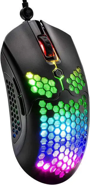 Zhhcyyds M5 RGB Lightweight Wired Gaming Mouse with 12000 DPI 6 Programmed Buttons,65G Honeycomb Shell,Ultralight Ultraweave Cable,Pixart 3325 Optical Sensor Gamer Mice for Laptop PC Mac
