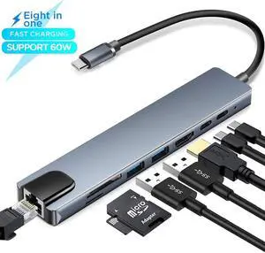 JIACHARMED USB C Hub, 8 in 1 USB C Hub Multiport Adapter with 4K@30Hz HDMI, 85W PD, USB 3.0 Ports, USB C Data Port, SD/TF Card Reader, USB C Dongle for MacBook Pro/Air and Other Type C Devices.