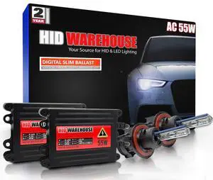 HIDWarehouse H13 Bi-Xenon 5K 55W AC Xenon Bundle - Xenon Headlight Bulb with Slim AC Ballast - 9008, 5000K Bright White - Xenon Bulbs - 1 Pair