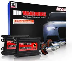 HIDWarehouse H13 5K 55W AC Xenon Bundle - Xenon Headlight Bulb with Slim AC Ballast - 9008, 5000K Bright White - Xenon Bulbs - 1 Pair