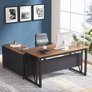 Tribesigns 55 inches Executive Desk and 43" lateral File Cabinet, L-Shaped Computer Desk Home Office Furniture with Drawers and Storage Shelves, Office Table with Cabinet (Walnut, 55)