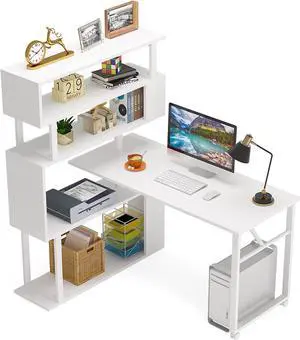 Tribesigns Rotating Computer Desk with 5 Shelves Bookshelf, Modern L-Shaped Corner Desk with Storage, Reversible Office Desk Study Table Writing Desk on Wheels for Home Office (White)