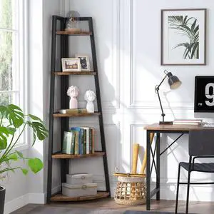 Tribesigns 70 inch Tall Corner Shelf, 5 Tier Modern Corner Bookshelf Bookcase Industrial Corner Ladder Shelf Plant Stand for Living Room, Kitchen, Home Office Brown