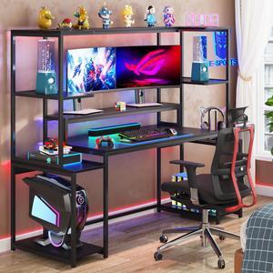 SEDETA Gaming Desk, 55 Computer Desk with Hutch and Shelves, LED Lights,  Pegboard and Monitor Shelf, Large PC Gamer Desk Workstation for Home  Office, Gaming Table for Bedroom, Black 