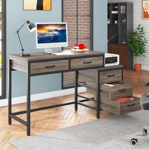 Tribesigns Computer Desk with 5 Drawers, Home Office Desks with Reversible Drawer Cabinet Printer Stand, Industrial PC Desk with Storage