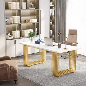 Tribesigns 70.9" Modern Executive Desk, Wood Office Desk, Grey Simple Computer Desk with Gold Metal Legs White