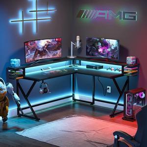 Tribesigns L Shaped Gaming Desk with Led Lights  Power Outlet Corner Computer Desk with Monitor Stand