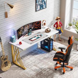Tribesigns 55 Large Modern Computer Desk, White & Gold Luxury Laptop PC Student Table, Makeup Vanity Table with Thick Frame & Strong Legs White & Gold