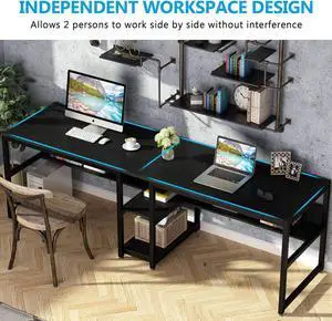 Tribesigns Two Person Desk with Bookshelf, 78.7 Computer Office Double Desk for Two Person, Rustic Writing Desk Workstation with Shelf Black