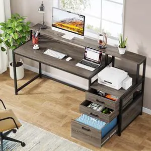 Tribesigns 63 Inch Computer Desk with File Drawer Cabinet, Ergonomic Office Desk with Monitor Stand, Industrial Computer Table with Printer Space