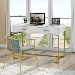 Tribesigns Small Computer Desk, 40 Inch White Writing Desk with 2 Drawers, Modern Simple Study Desk Table  Gold + White