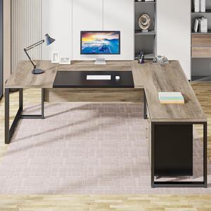 Tribesigns 70.87 L-Shaped Executive Desk with File Cabinet, Large Executive Office Desk with Removable File Cabinet Retro Grey