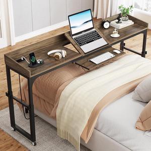 Tribesigns 70.86" Overbed Table with Wheels, Mobile Over Bed Computer Desk with Outlets & USB Ports Deep Grey