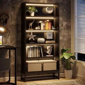 Tribesigns Tall Bookcase Black Bookshelf, 70.8 Large Bookcases Organizer with LED Lights, Heavy Duty Free-Standing Library Bookshelf with 5-Tier Storage Shelves for Living Room, Bedroom (Black)