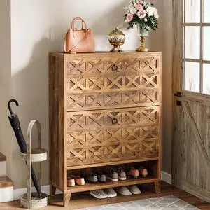 Tribesigns Shoe Cabinet with 2 Flip Drawers Open Storage Shelf, Narrow Hidden Shoe Storage Organizer for Entryway, Freestanding Wood Shoe Rack Cabinet, Brown