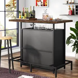 Tribesigns Industrial Home Bar Unit, 3-Tier Liquor Bar Table with 4 Stemware Racks, Wine Bar Cabinet Storage Shelf with Footrest, Pub Table for Living Room, Bistro, Den Home Pub, Black & Brown
