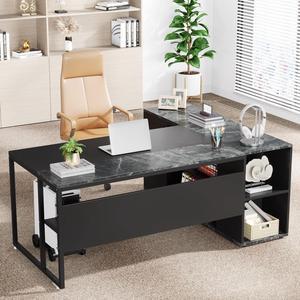 Tribesigns 71 Inch L-Shaped Executive Desk with Storage Cabinet & Shelves - Wooden Office Desk Workstation for Home Office, Business Furniture Set in Black
