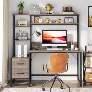Tribesigns Gaming Desks, 55 Inch Computer Desk with 2 Drawers and Storage Shelves, Rustic Office Desk with Hutch, Study Writing Gaming Table Laptop Workstation for Home Office (Grey)