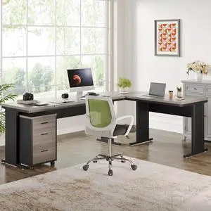 Tribesigns Gaming Desks, 83 Inch L-Shaped Executive Desk with File Cabinet, Large L Shape Computer Desk with Drawers, Business Furniture Work Desk for Home Office (Gray)