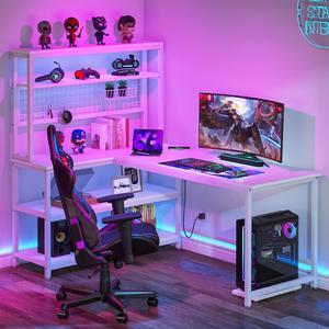Tribesigns Gaming Desks, 55" Large Computer Desk with Wireless Charging 5 Storage Shelves, Office Desk Study Table Writing Desk Workstation with Hutch Bookshelf for Home Office (All White)