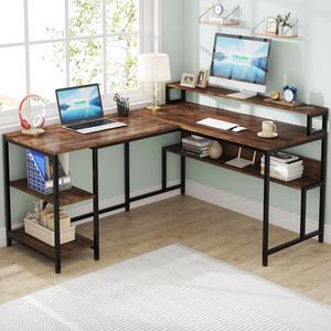 Tribesigns Gaming Desks L Shaped Desk with Shelves, 59" Large Corner Computer Desk with Monitor Shelf, Reversible Home Office Desk with Bookshelf and Metal Frame, Two Person Desk, Rustic Brown