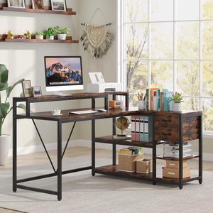 Tribesigns L Shaped Desk with Drawers and Storage Shelves, Home Office L Corner Desk with Monitor Stand, 55" x 24" Desktop Computer Table, Gaming Study Table for Small Space
