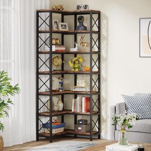 Tribesigns 7-Shelf Corner Bookshelf,Large Modern Corner Bookcase, 7-Tier Tall Corner Shelf Storage Display Rack with Metal Frame for Living Room Home Office (Rustic Brown)