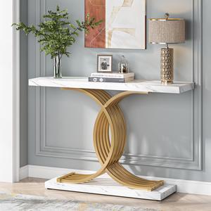 Console Table for Entryway, 39 Inches White Faux Marble Sofa Table with Gold Geometric Frame, Modern Sofa Table Behind Couch, Hallway Foyer Table Accent Table for Living Room, Entrance