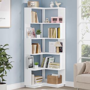Tribesigns 6-Tier Corner Bookshelf, 64.9 Inches Tall Corner Bookcase with Anti-Drop Panel, Modern Freestanding Shelf Display Rack Storage Organizer for Home Office, Living Room, White