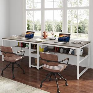 Tribesigns Two Person Desk with Bookshelf, 78.7 Computer Office Double Desk for Two Person, Rustic Writing Desk Workstation with Shelf for Home Office (Gray/White) Gaming Desks