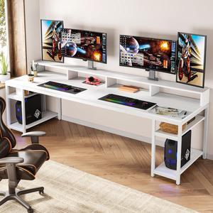 Tribesigns Gaming Desks Two Person Desk with Monitor Stand, 78.74" Long Double Computer Office Desk with Storage Shelves, Large Gaming Desk Study Writing Table Workstation for Home Office (White)