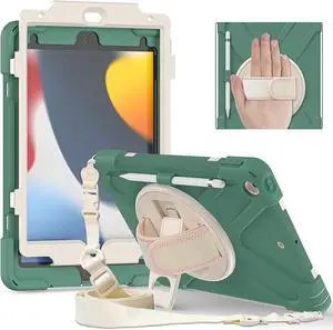 Case for iPad 7th and iPad 8th and iPad 9th Gen 10.2 Inch, Heavy Duty Rugged Protective, 3 in 1 Shockproof Cover with 360° Kickstand/Hand Strap/Shoulder Strap for for iPad 10.2 Inch 2021/2020/2019