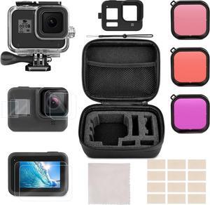Accessories Kit for GoPro Hero 8 Black with Small Shockproof Case + Waterproof Housing Case + Tempered Glass Screen Protectors + Lens Filters + Anti-Fog Inserts Bundle