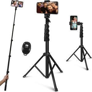 64-inch Selfie Stick Tripod, Detachable and Extendable Phone Tripod for Cell Phone and Go Pro, Compatible with iPhone and Android Phone, Includes Wireless Remote Shutter, Smart Phone Holder