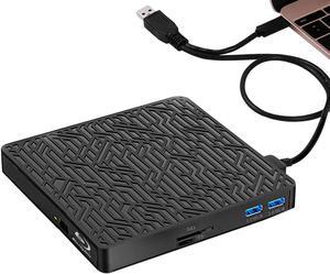 External Bluray Drive, 5 in 1 USB 3.0 with Type-C SD/TF Card Player External Bluray DVD Drive for Laptop/MacBook/Desktop/Car Compatible with MacOS/Windows 10/8/7