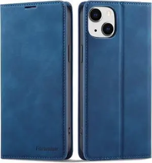 Case for iPhone 14 Plus 6.7 inch Premium PU Leather Cover with Card Holder Kickstand Shockproof Flip Wallet Cover Blue