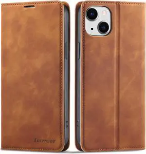 Case for iPhone 14 Plus 6.7 inch Premium PU Leather Cover with Card Holder Kickstand Shockproof Flip Wallet Cover Brown