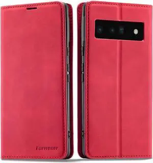 Case for Google Pixel 6 5G 6.4 inch Premium PU Leather Cover with Card Holder Kickstand Shockproof Flip Wallet Cover Red